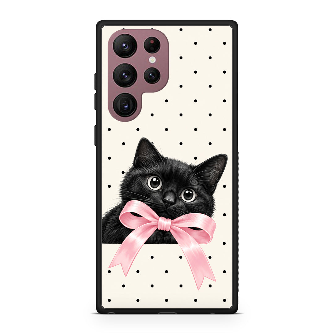 Θήκη Samsung Galaxy S22 Ultra Black Kitten Pink Bow and Polka Dots από τη Smartfits με σχέδιο στο πίσω μέρος και μαύρο περίβλημα | Samsung Galaxy S22 Ultra Black Kitten Pink Bow and Polka Dots case with colorful back and black bezels