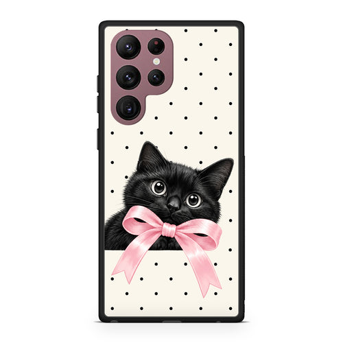 Θήκη Samsung Galaxy S22 Ultra Black Kitten Pink Bow and Polka Dots από τη Smartfits με σχέδιο στο πίσω μέρος και μαύρο περίβλημα | Samsung Galaxy S22 Ultra Black Kitten Pink Bow and Polka Dots case with colorful back and black bezels