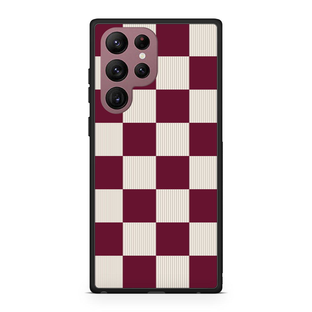 Θήκη Samsung Galaxy S22 Ultra Burgundy and Cream Striped Checks από τη Smartfits με σχέδιο στο πίσω μέρος και μαύρο περίβλημα | Samsung Galaxy S22 Ultra Burgundy and Cream Striped Checks case with colorful back and black bezels