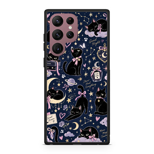 Θήκη Samsung Galaxy S22 Ultra Celestial Black Cats on Navy από τη Smartfits με σχέδιο στο πίσω μέρος και μαύρο περίβλημα | Samsung Galaxy S22 Ultra Celestial Black Cats on Navy case with colorful back and black bezels