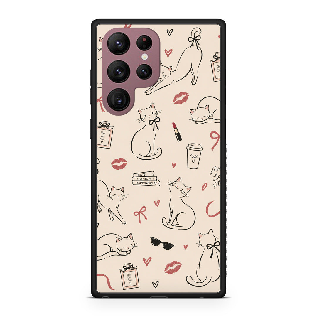 Θήκη Samsung Galaxy S22 Ultra Minimal Cat and Fashion Doodles on Cream από τη Smartfits με σχέδιο στο πίσω μέρος και μαύρο περίβλημα | Samsung Galaxy S22 Ultra Minimal Cat and Fashion Doodles on Cream case with colorful back and black bezels