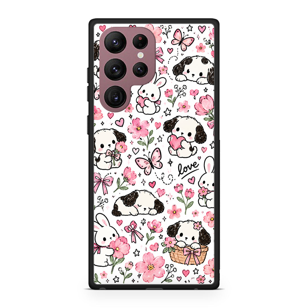 Θήκη Samsung Galaxy S22 Ultra Pink Florals Puppies and Bunnies on White από τη Smartfits με σχέδιο στο πίσω μέρος και μαύρο περίβλημα | Samsung Galaxy S22 Ultra Pink Florals Puppies and Bunnies on White case with colorful back and black bezels