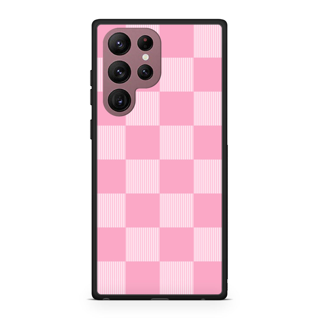 Θήκη Samsung Galaxy S22 Ultra Pink and White Striped Checks από τη Smartfits με σχέδιο στο πίσω μέρος και μαύρο περίβλημα | Samsung Galaxy S22 Ultra Pink and White Striped Checks case with colorful back and black bezels