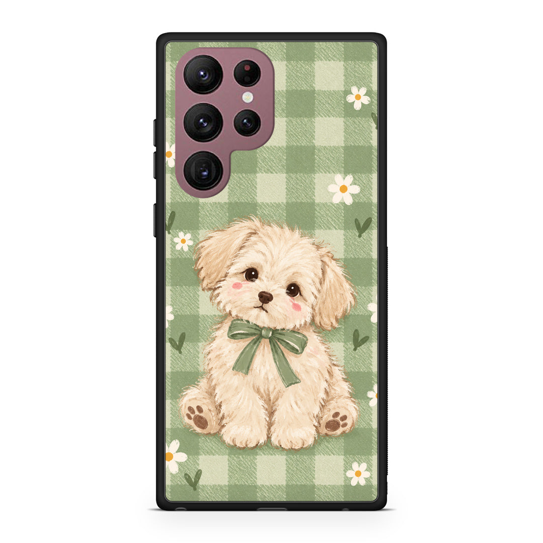 Θήκη Samsung Galaxy S22 Ultra Puppy and Daisies on Sage Gingham από τη Smartfits με σχέδιο στο πίσω μέρος και μαύρο περίβλημα | Samsung Galaxy S22 Ultra Puppy and Daisies on Sage Gingham case with colorful back and black bezels