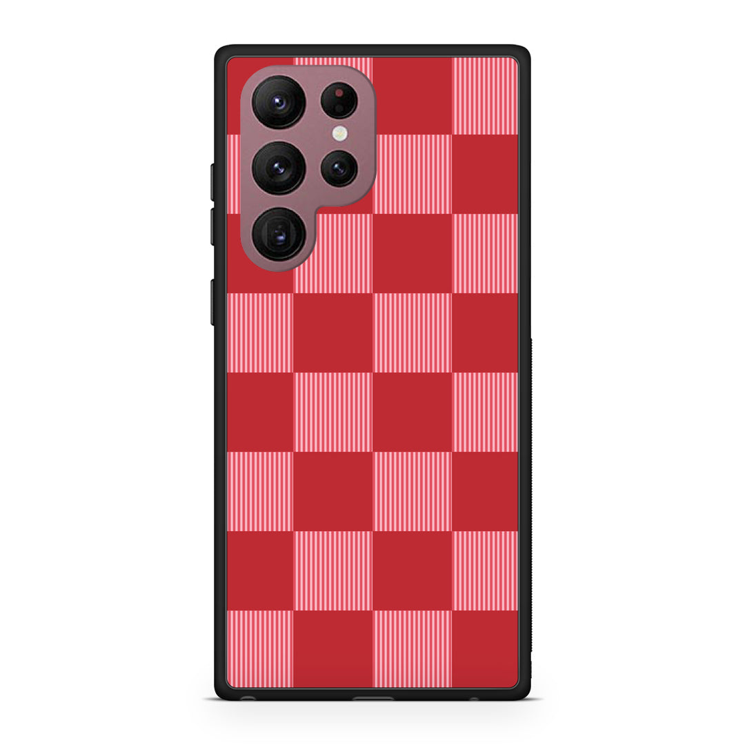 Θήκη Samsung Galaxy S22 Ultra Red and Pink Striped Checks από τη Smartfits με σχέδιο στο πίσω μέρος και μαύρο περίβλημα | Samsung Galaxy S22 Ultra Red and Pink Striped Checks case with colorful back and black bezels