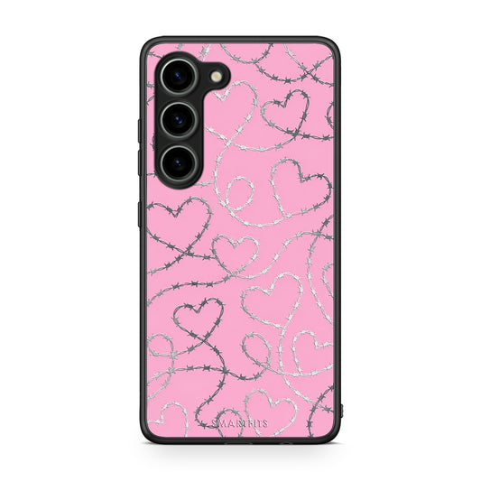 Θήκη Samsung Galaxy S23 Barbed Wire Hearts on Pink από τη Smartfits με σχέδιο στο πίσω μέρος και μαύρο περίβλημα | Samsung Galaxy S23 Barbed Wire Hearts on Pink case with colorful back and black bezels