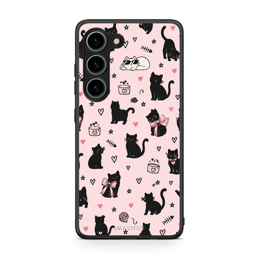 Θήκη Samsung Galaxy S23 Black Cat Doodles on Pink από τη Smartfits με σχέδιο στο πίσω μέρος και μαύρο περίβλημα | Samsung Galaxy S23 Black Cat Doodles on Pink case with colorful back and black bezels