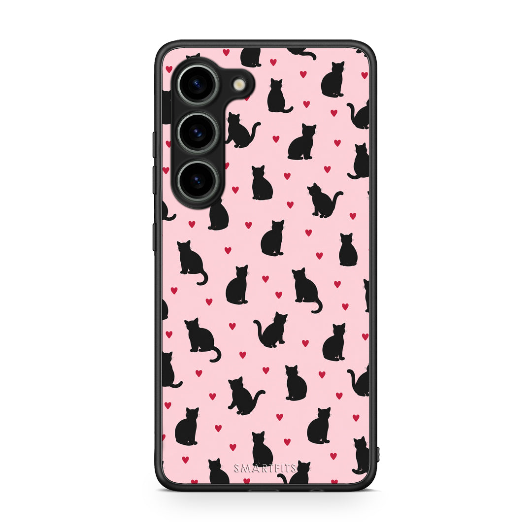 Θήκη Samsung Galaxy S23 Black Cat Silhouettes and Hearts on Pink από τη Smartfits με σχέδιο στο πίσω μέρος και μαύρο περίβλημα | Samsung Galaxy S23 Black Cat Silhouettes and Hearts on Pink case with colorful back and black bezels
