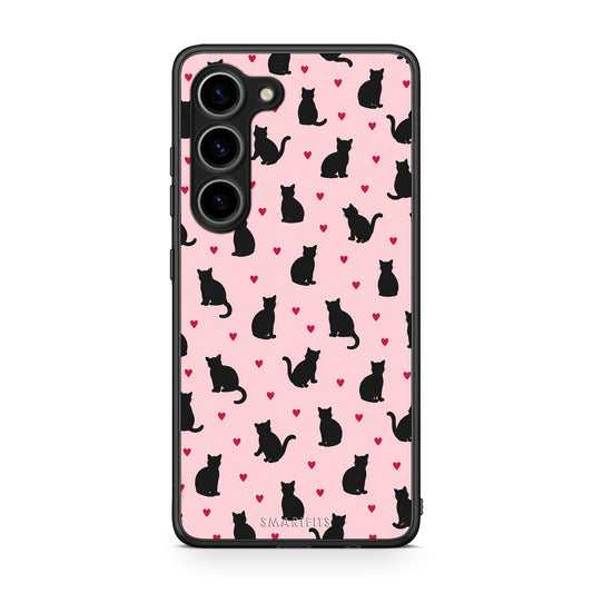 Θήκη Samsung Galaxy S23 Black Cat Silhouettes and Hearts on Pink από τη Smartfits με σχέδιο στο πίσω μέρος και μαύρο περίβλημα | Samsung Galaxy S23 Black Cat Silhouettes and Hearts on Pink case with colorful back and black bezels