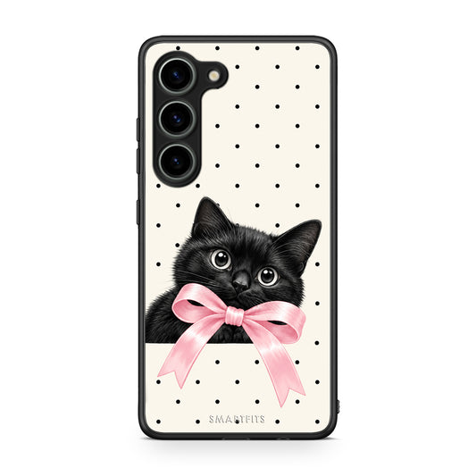 Θήκη Samsung Galaxy S23 Black Kitten Pink Bow and Polka Dots από τη Smartfits με σχέδιο στο πίσω μέρος και μαύρο περίβλημα | Samsung Galaxy S23 Black Kitten Pink Bow and Polka Dots case with colorful back and black bezels