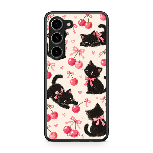 Θήκη Samsung Galaxy S23 Black Kittens and Cherries on Cream από τη Smartfits με σχέδιο στο πίσω μέρος και μαύρο περίβλημα | Samsung Galaxy S23 Black Kittens and Cherries on Cream case with colorful back and black bezels