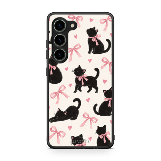 Θήκη Samsung Galaxy S23 Black Kittens and Pink Bows on Cream Large από τη Smartfits με σχέδιο στο πίσω μέρος και μαύρο περίβλημα | Samsung Galaxy S23 Black Kittens and Pink Bows on Cream Large case with colorful back and black bezels
