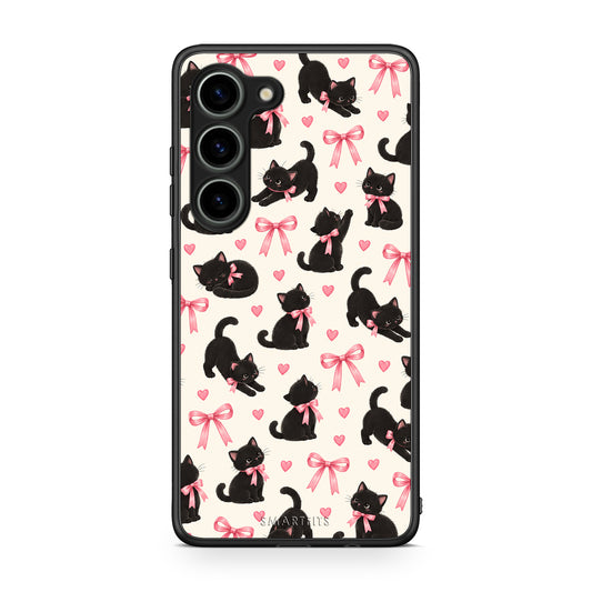 Θήκη Samsung Galaxy S23 Black Kittens and Pink Bows on Cream Small από τη Smartfits με σχέδιο στο πίσω μέρος και μαύρο περίβλημα | Samsung Galaxy S23 Black Kittens and Pink Bows on Cream Small case with colorful back and black bezels