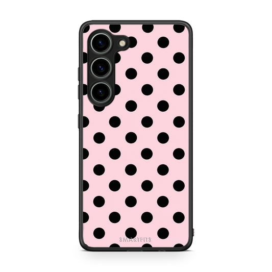 Θήκη Samsung Galaxy S23 Black Polka Dots on Pink από τη Smartfits με σχέδιο στο πίσω μέρος και μαύρο περίβλημα | Samsung Galaxy S23 Black Polka Dots on Pink case with colorful back and black bezels
