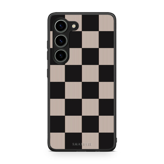 Θήκη Samsung Galaxy S23 Black and Taupe Striped Checks από τη Smartfits με σχέδιο στο πίσω μέρος και μαύρο περίβλημα | Samsung Galaxy S23 Black and Taupe Striped Checks case with colorful back and black bezels