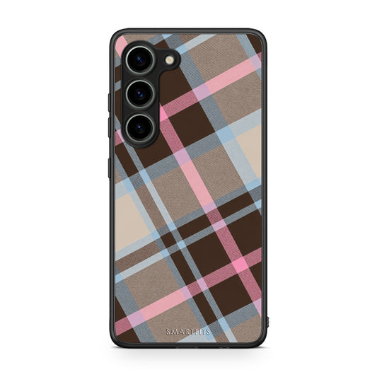 Θήκη Samsung Galaxy S23 Brown Pink and Blue Diagonal Plaid από τη Smartfits με σχέδιο στο πίσω μέρος και μαύρο περίβλημα | Samsung Galaxy S23 Brown Pink and Blue Diagonal Plaid case with colorful back and black bezels