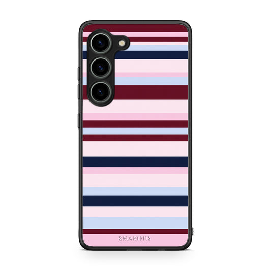 Θήκη Samsung Galaxy S23 Burgundy Pink and Blue Horizontal Stripes από τη Smartfits με σχέδιο στο πίσω μέρος και μαύρο περίβλημα | Samsung Galaxy S23 Burgundy Pink and Blue Horizontal Stripes case with colorful back and black bezels