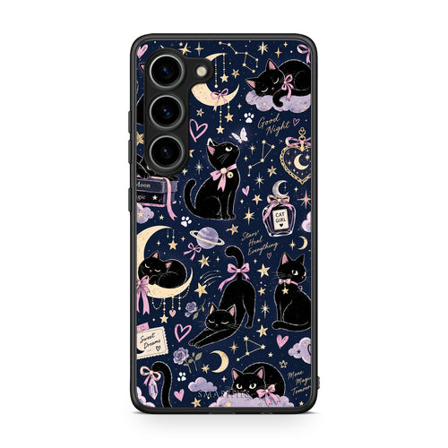 Θήκη Samsung Galaxy S23 Celestial Black Cats on Navy από τη Smartfits με σχέδιο στο πίσω μέρος και μαύρο περίβλημα | Samsung Galaxy S23 Celestial Black Cats on Navy case with colorful back and black bezels