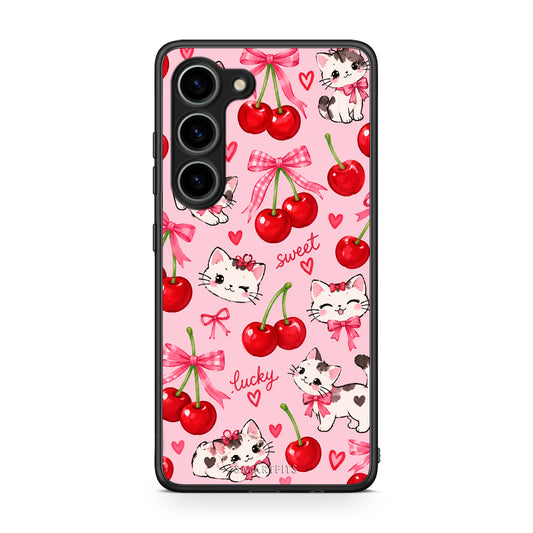 Θήκη Samsung Galaxy S23 Cherries Bows and Kittens on Pink από τη Smartfits με σχέδιο στο πίσω μέρος και μαύρο περίβλημα | Samsung Galaxy S23 Cherries Bows and Kittens on Pink case with colorful back and black bezels