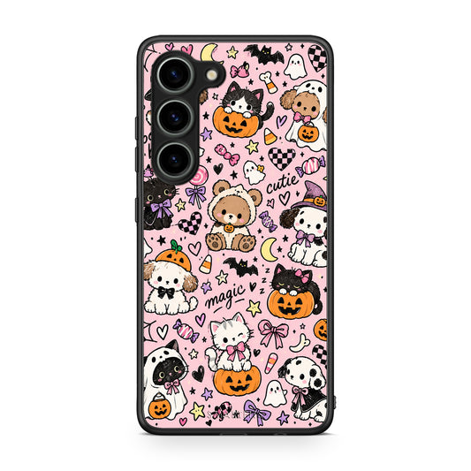 Θήκη Samsung Galaxy S23 Halloween Cute Animals on Pink από τη Smartfits με σχέδιο στο πίσω μέρος και μαύρο περίβλημα | Samsung Galaxy S23 Halloween Cute Animals on Pink case with colorful back and black bezels