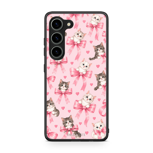 Θήκη Samsung Galaxy S23 Kittens and Pink Bows on Pink από τη Smartfits με σχέδιο στο πίσω μέρος και μαύρο περίβλημα | Samsung Galaxy S23 Kittens and Pink Bows on Pink case with colorful back and black bezels