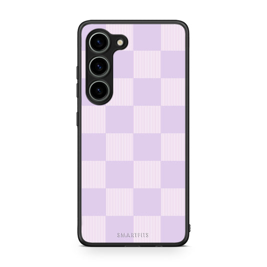 Θήκη Samsung Galaxy S23 Lilac and Cream Striped Checks από τη Smartfits με σχέδιο στο πίσω μέρος και μαύρο περίβλημα | Samsung Galaxy S23 Lilac and Cream Striped Checks case with colorful back and black bezels
