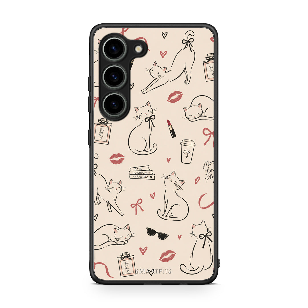 Θήκη Samsung Galaxy S23 Minimal Cat and Fashion Doodles on Cream από τη Smartfits με σχέδιο στο πίσω μέρος και μαύρο περίβλημα | Samsung Galaxy S23 Minimal Cat and Fashion Doodles on Cream case with colorful back and black bezels