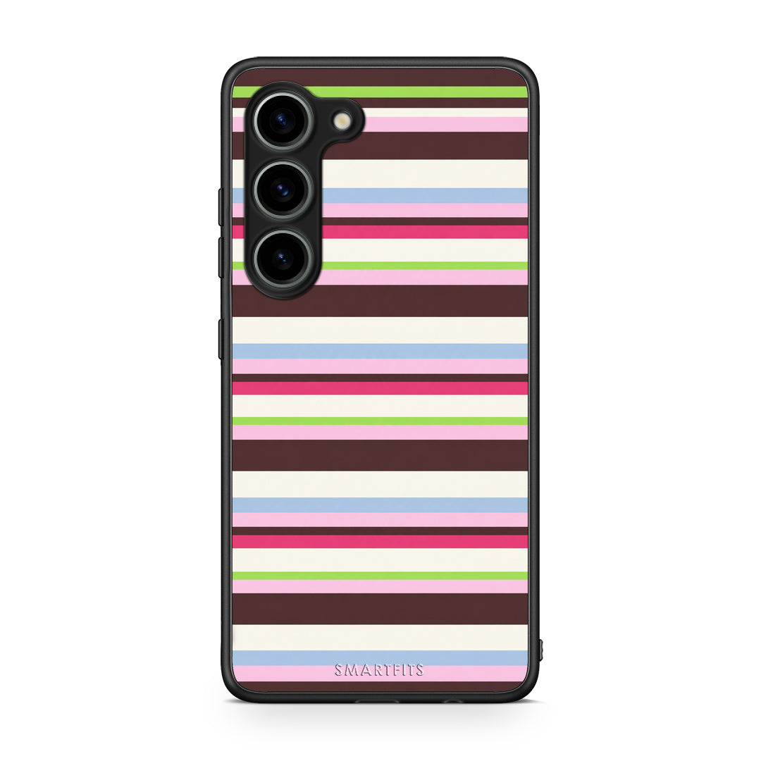 Θήκη Samsung Galaxy S23 Multicolour Horizontal Stripes από τη Smartfits με σχέδιο στο πίσω μέρος και μαύρο περίβλημα | Samsung Galaxy S23 Multicolour Horizontal Stripes case with colorful back and black bezels