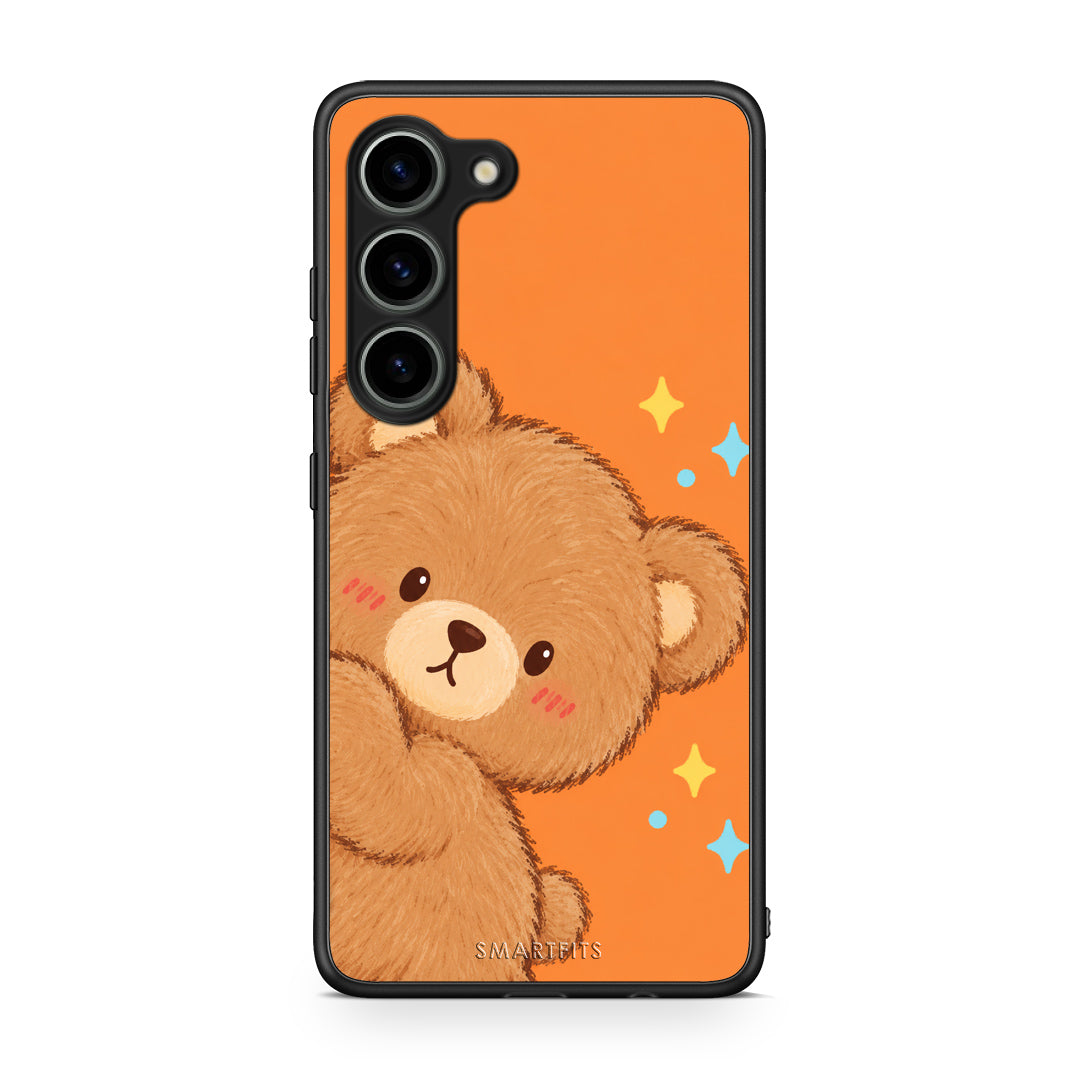 Θήκη Samsung Galaxy S23 Peekaboo Teddy on Orange από τη Smartfits με σχέδιο στο πίσω μέρος και μαύρο περίβλημα | Samsung Galaxy S23 Peekaboo Teddy on Orange case with colorful back and black bezels