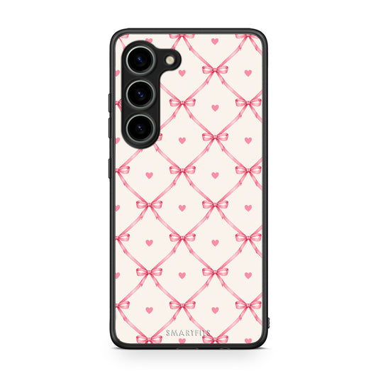 Θήκη Samsung Galaxy S23 Pink Bow Lattice and Hearts on Cream από τη Smartfits με σχέδιο στο πίσω μέρος και μαύρο περίβλημα | Samsung Galaxy S23 Pink Bow Lattice and Hearts on Cream case with colorful back and black bezels