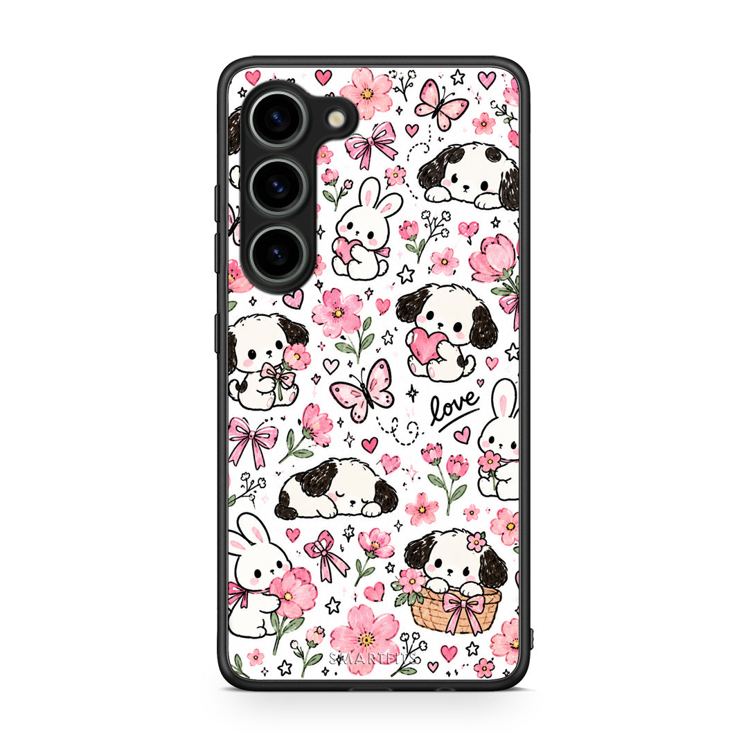 Θήκη Samsung Galaxy S23 Pink Florals Puppies and Bunnies on White από τη Smartfits με σχέδιο στο πίσω μέρος και μαύρο περίβλημα | Samsung Galaxy S23 Pink Florals Puppies and Bunnies on White case with colorful back and black bezels