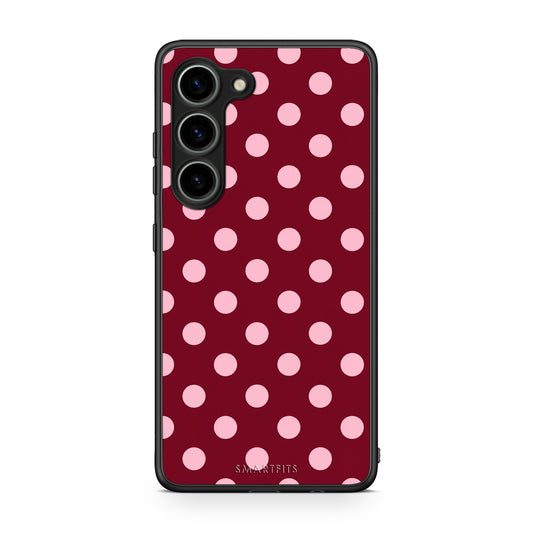 Θήκη Samsung Galaxy S23 Pink Polka Dots on Burgundy από τη Smartfits με σχέδιο στο πίσω μέρος και μαύρο περίβλημα | Samsung Galaxy S23 Pink Polka Dots on Burgundy case with colorful back and black bezels