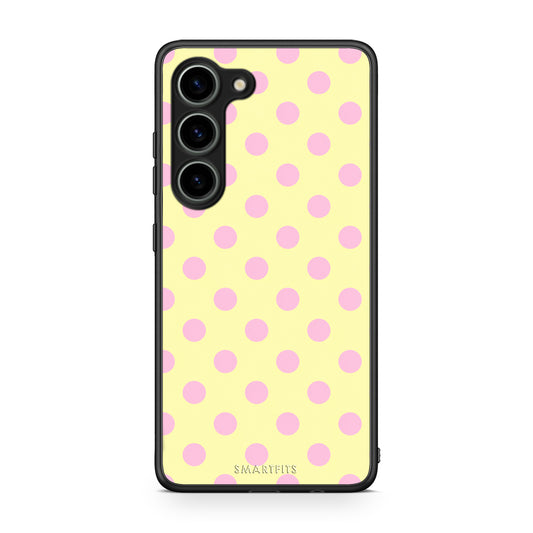 Θήκη Samsung Galaxy S23 Pink Polka Dots on Yellow από τη Smartfits με σχέδιο στο πίσω μέρος και μαύρο περίβλημα | Samsung Galaxy S23 Pink Polka Dots on Yellow case with colorful back and black bezels