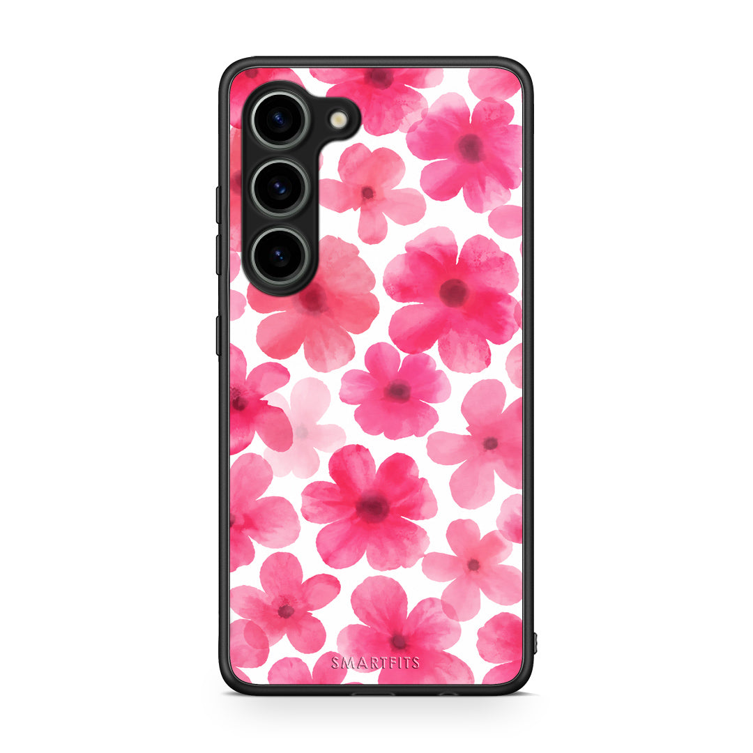 Θήκη Samsung Galaxy S23 Pink Watercolour Flowers on White από τη Smartfits με σχέδιο στο πίσω μέρος και μαύρο περίβλημα | Samsung Galaxy S23 Pink Watercolour Flowers on White case with colorful back and black bezels
