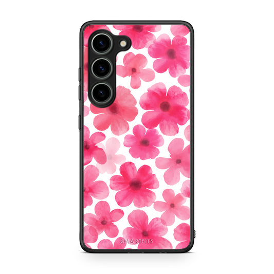 Θήκη Samsung Galaxy S23 Pink Watercolour Flowers on White από τη Smartfits με σχέδιο στο πίσω μέρος και μαύρο περίβλημα | Samsung Galaxy S23 Pink Watercolour Flowers on White case with colorful back and black bezels