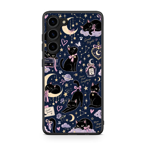 Θήκη Samsung Galaxy S23 Plus Celestial Black Cats on Navy από τη Smartfits με σχέδιο στο πίσω μέρος και μαύρο περίβλημα | Samsung Galaxy S23 Plus Celestial Black Cats on Navy case with colorful back and black bezels