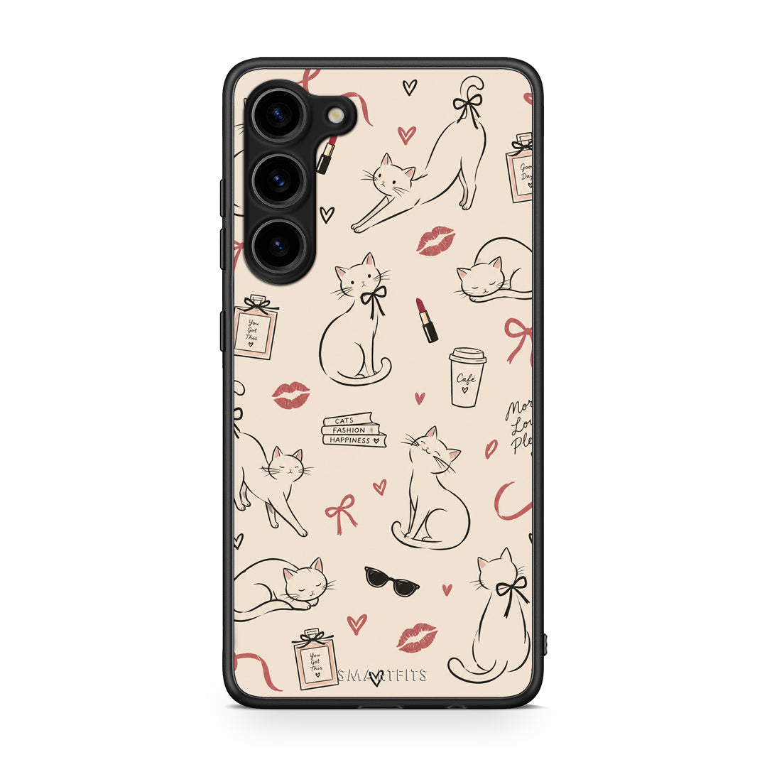 Θήκη Samsung Galaxy S23 Plus Minimal Cat and Fashion Doodles on Cream από τη Smartfits με σχέδιο στο πίσω μέρος και μαύρο περίβλημα | Samsung Galaxy S23 Plus Minimal Cat and Fashion Doodles on Cream case with colorful back and black bezels