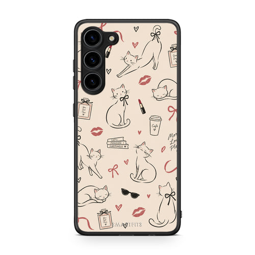 Θήκη Samsung Galaxy S23 Plus Minimal Cat and Fashion Doodles on Cream από τη Smartfits με σχέδιο στο πίσω μέρος και μαύρο περίβλημα | Samsung Galaxy S23 Plus Minimal Cat and Fashion Doodles on Cream case with colorful back and black bezels