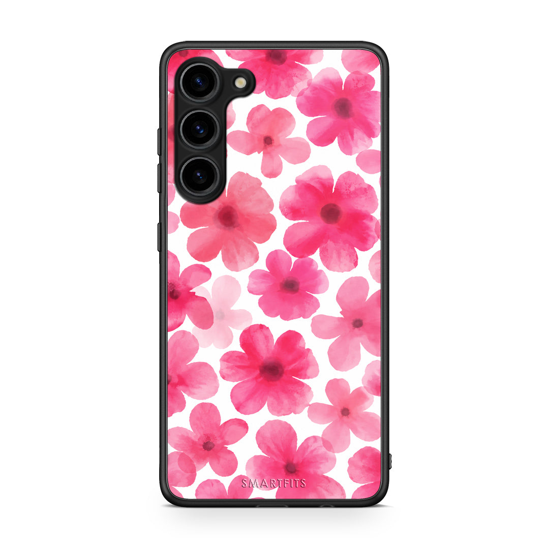 Θήκη Samsung Galaxy S23 Plus Pink Watercolour Flowers on White από τη Smartfits με σχέδιο στο πίσω μέρος και μαύρο περίβλημα | Samsung Galaxy S23 Plus Pink Watercolour Flowers on White case with colorful back and black bezels