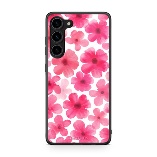Θήκη Samsung Galaxy S23 Plus Pink Watercolour Flowers on White από τη Smartfits με σχέδιο στο πίσω μέρος και μαύρο περίβλημα | Samsung Galaxy S23 Plus Pink Watercolour Flowers on White case with colorful back and black bezels