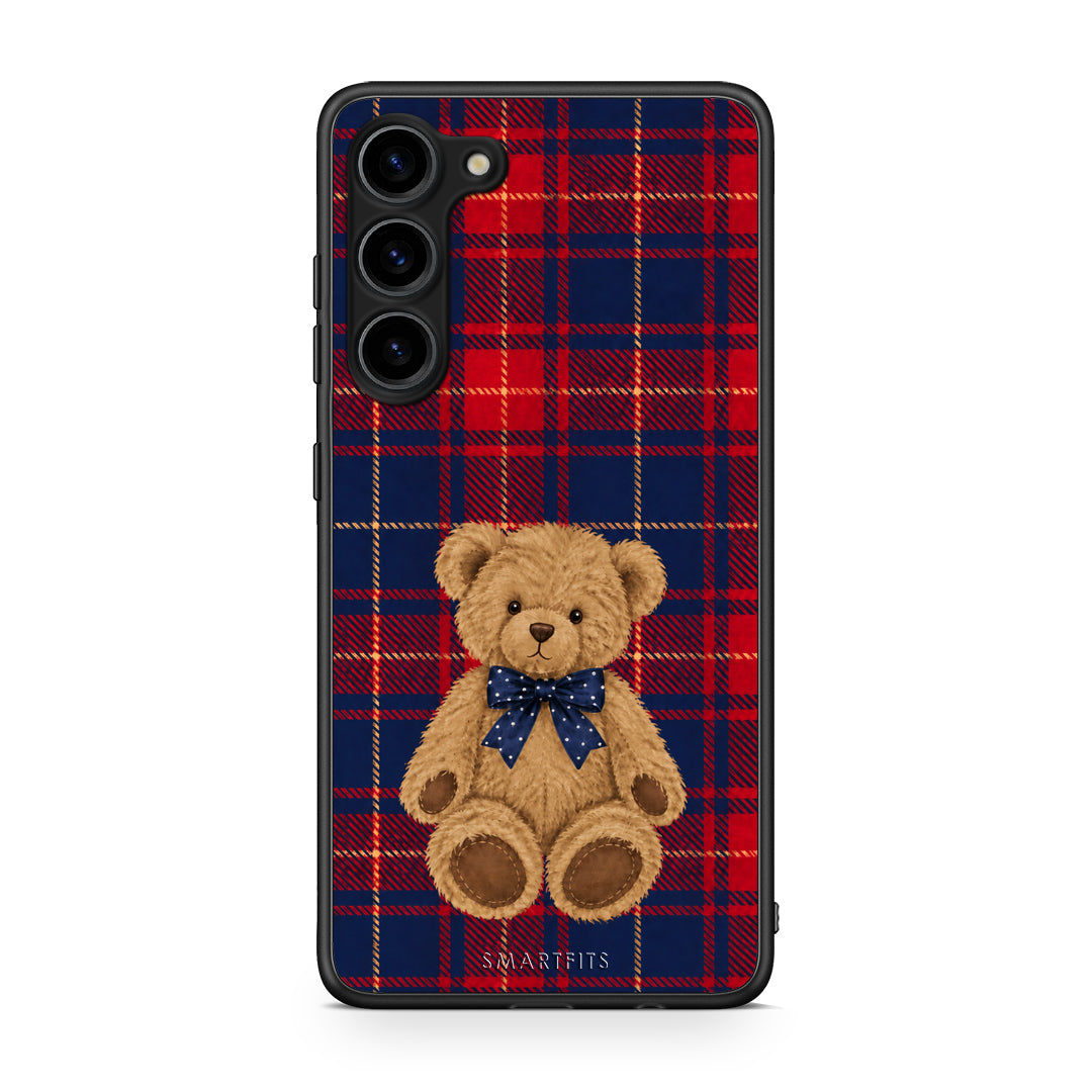 Θήκη Samsung Galaxy S23 Plus Teddy Bear on Red and Navy Tartan από τη Smartfits με σχέδιο στο πίσω μέρος και μαύρο περίβλημα | Samsung Galaxy S23 Plus Teddy Bear on Red and Navy Tartan case with colorful back and black bezels