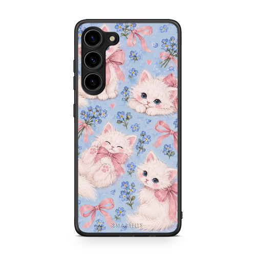 Θήκη Samsung Galaxy S23 Plus White Kittens and Blue Flowers Large από τη Smartfits με σχέδιο στο πίσω μέρος και μαύρο περίβλημα | Samsung Galaxy S23 Plus White Kittens and Blue Flowers Large case with colorful back and black bezels