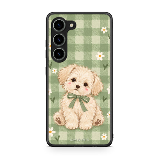 Θήκη Samsung Galaxy S23 Puppy and Daisies on Sage Gingham από τη Smartfits με σχέδιο στο πίσω μέρος και μαύρο περίβλημα | Samsung Galaxy S23 Puppy and Daisies on Sage Gingham case with colorful back and black bezels
