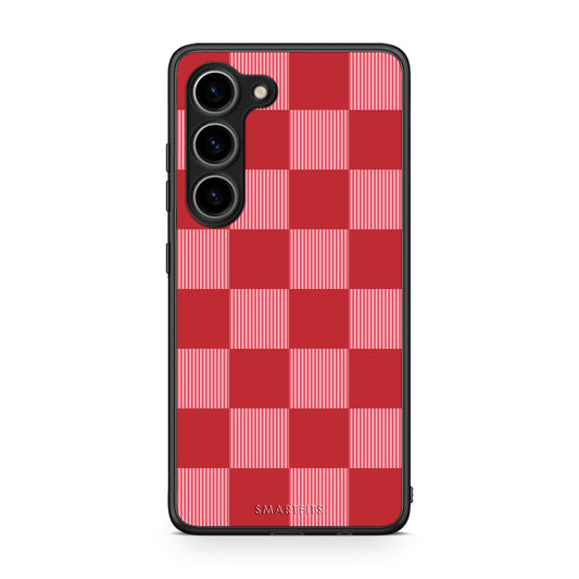Θήκη Samsung Galaxy S23 Red and Pink Striped Checks από τη Smartfits με σχέδιο στο πίσω μέρος και μαύρο περίβλημα | Samsung Galaxy S23 Red and Pink Striped Checks case with colorful back and black bezels