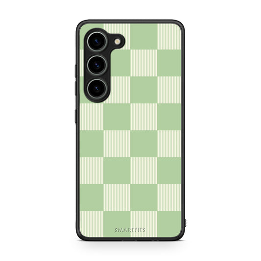 Θήκη Samsung Galaxy S23 Sage and Cream Striped Checks από τη Smartfits με σχέδιο στο πίσω μέρος και μαύρο περίβλημα | Samsung Galaxy S23 Sage and Cream Striped Checks case with colorful back and black bezels