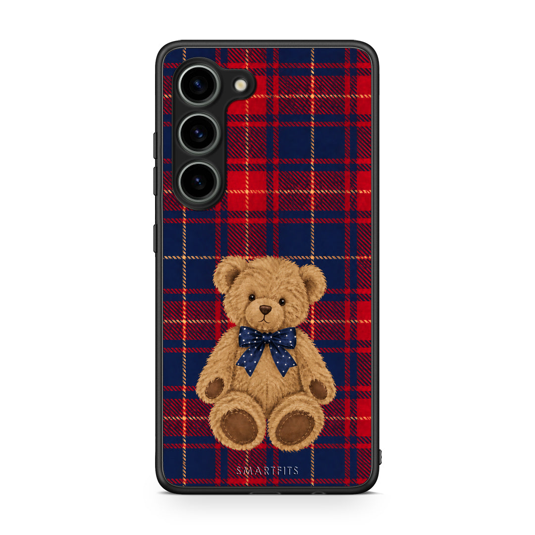 Θήκη Samsung Galaxy S23 Teddy Bear on Red and Navy Tartan από τη Smartfits με σχέδιο στο πίσω μέρος και μαύρο περίβλημα | Samsung Galaxy S23 Teddy Bear on Red and Navy Tartan case with colorful back and black bezels
