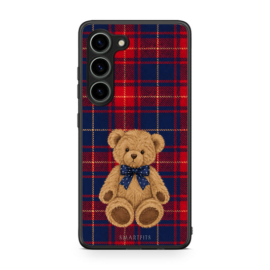 Θήκη Samsung Galaxy S23 Teddy Bear on Red and Navy Tartan από τη Smartfits με σχέδιο στο πίσω μέρος και μαύρο περίβλημα | Samsung Galaxy S23 Teddy Bear on Red and Navy Tartan case with colorful back and black bezels
