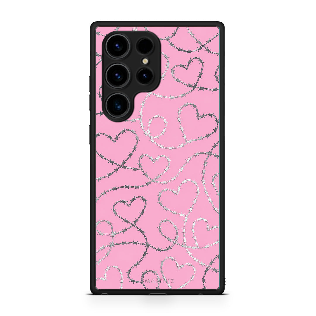 Θήκη Samsung Galaxy S23 Ultra Barbed Wire Hearts on Pink από τη Smartfits με σχέδιο στο πίσω μέρος και μαύρο περίβλημα | Samsung Galaxy S23 Ultra Barbed Wire Hearts on Pink case with colorful back and black bezels