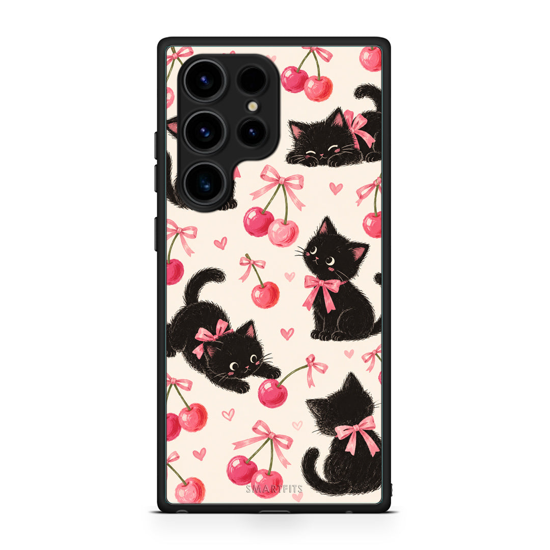 Θήκη Samsung Galaxy S23 Ultra Black Kittens and Cherries on Cream από τη Smartfits με σχέδιο στο πίσω μέρος και μαύρο περίβλημα | Samsung Galaxy S23 Ultra Black Kittens and Cherries on Cream case with colorful back and black bezels