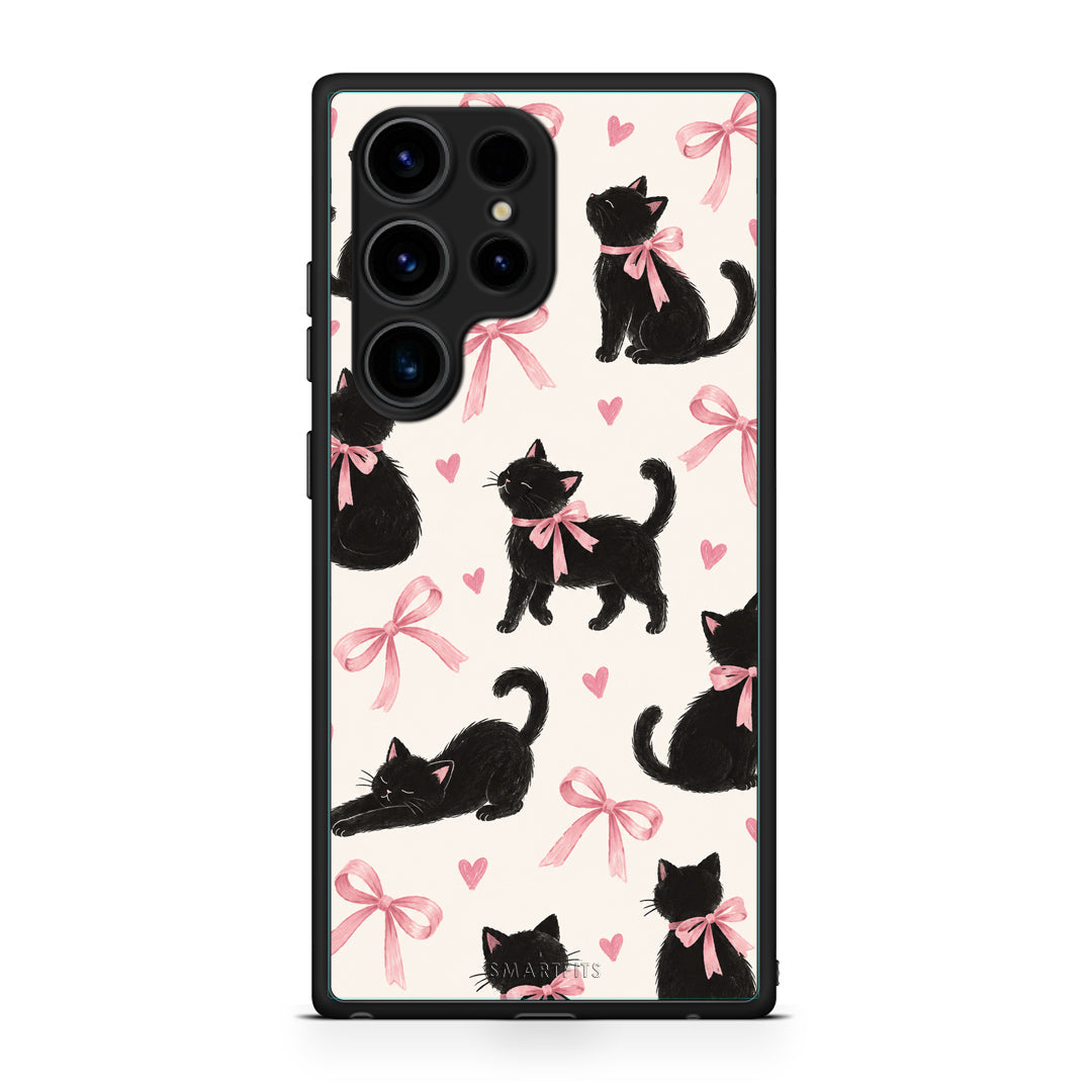 Θήκη Samsung Galaxy S23 Ultra Black Kittens and Pink Bows on Cream Large από τη Smartfits με σχέδιο στο πίσω μέρος και μαύρο περίβλημα | Samsung Galaxy S23 Ultra Black Kittens and Pink Bows on Cream Large case with colorful back and black bezels